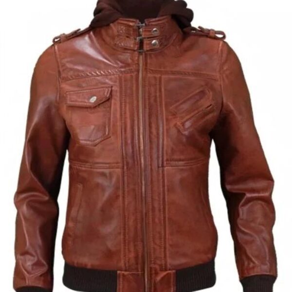 Mens Biker Bomber Brown Leather Hooded Jacket