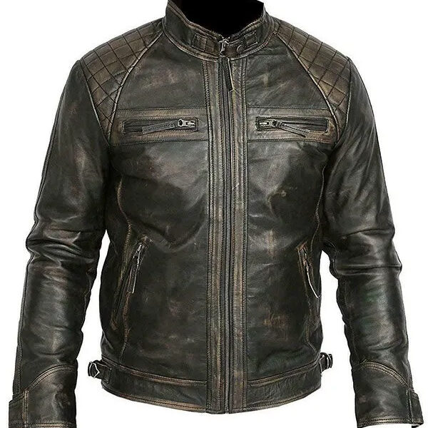 Mens Casual Vintage Leather Black Biker Jacket