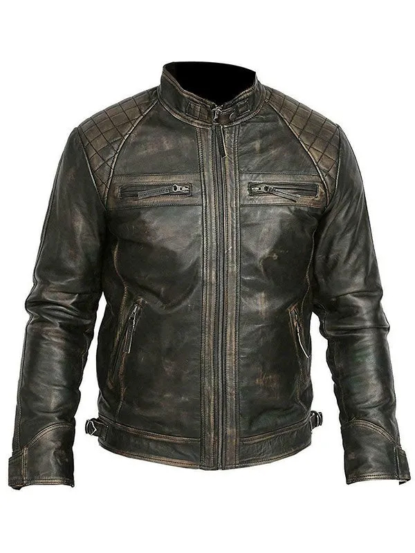 Mens Casual Vintage Leather Black Biker Jacket