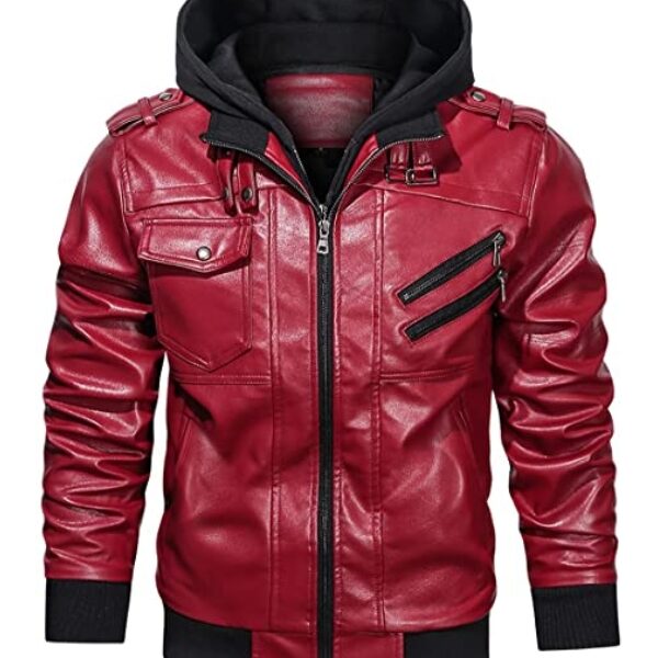 Mens Biker Red Jacket With Removable Hood