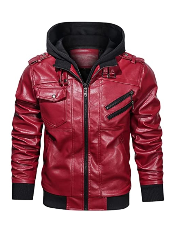 Mens Biker Red Jacket With Removable Hood