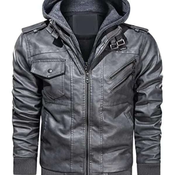 Men's Grey Moto Leather Jacket With Removable Hood