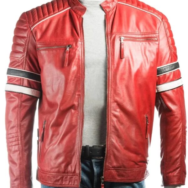 Mens Moto Racer Stylish Red Leather Jacket