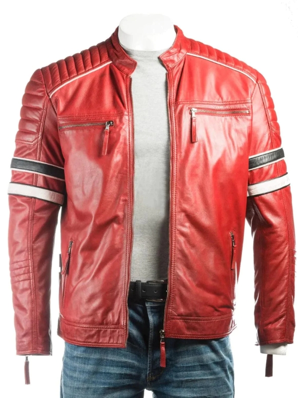 Mens Moto Racer Stylish Red Leather Jacket