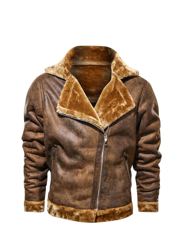 Mens Turn Down Collar Genuine Leather Jacket With Cross Zipper