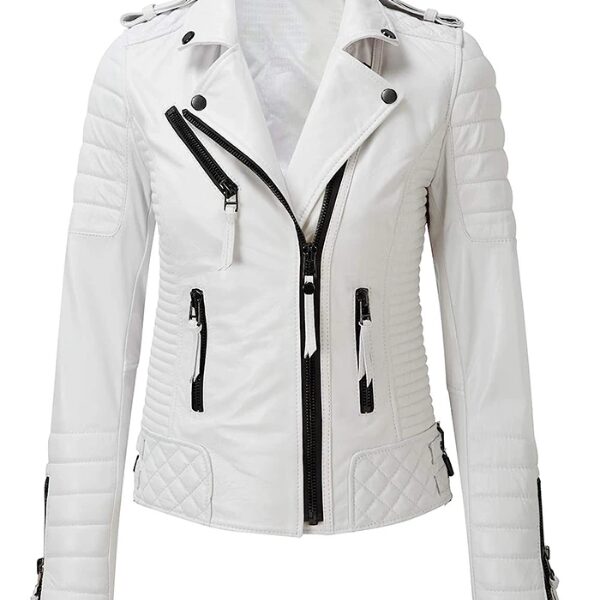 White Genuine Leather Biker Jacket