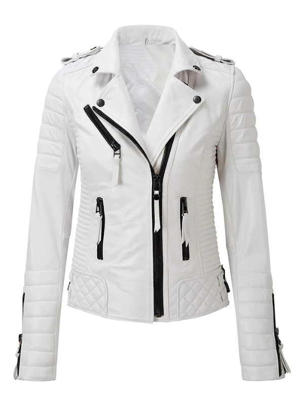 White Genuine Leather Biker Jacket