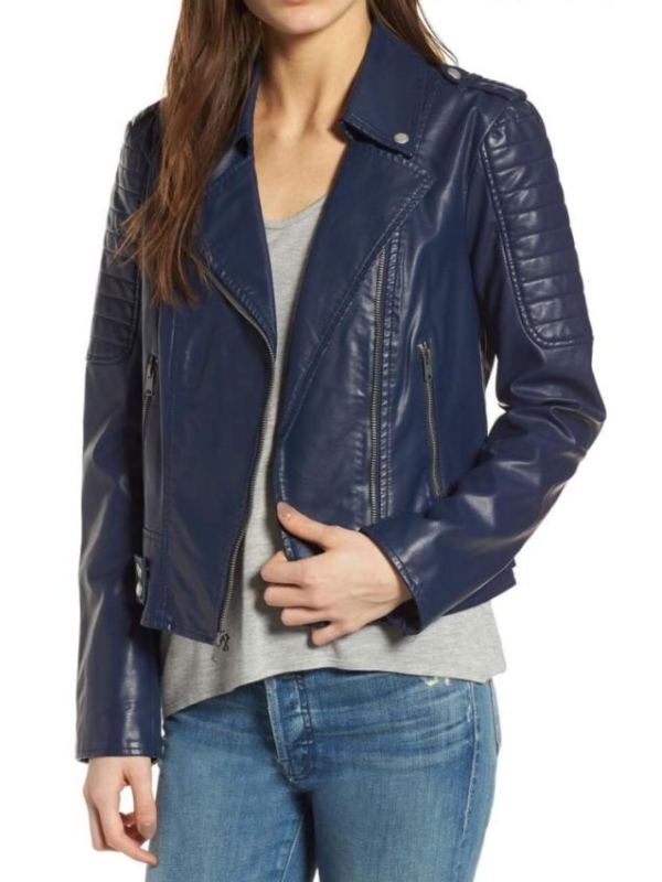 Women Navy Blue Biker Leather Jacket