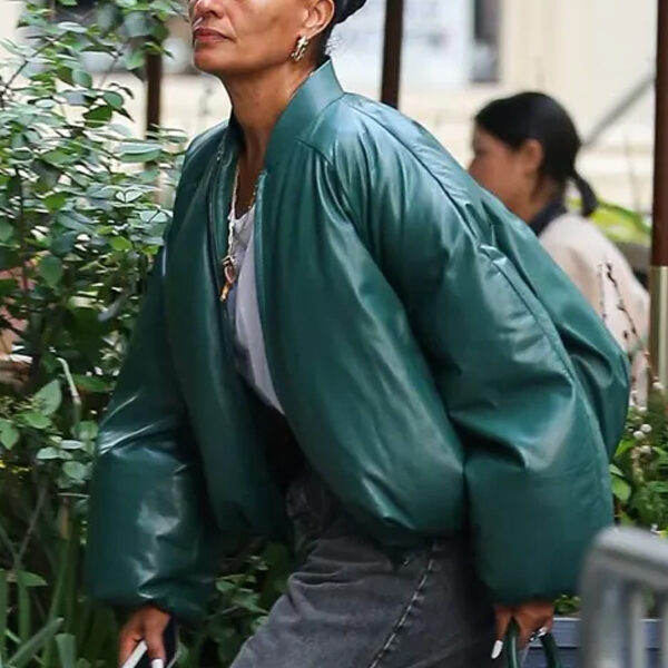 Women’s Green Leather Puffer Jacket