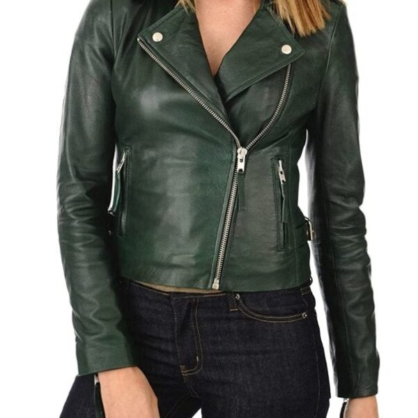 Womens Moto Biker Green Leather Jacket