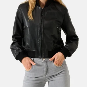 Black Leather Ladies Bomber Jacket