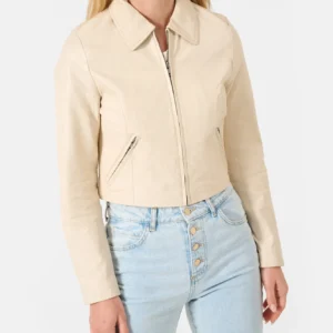 Cream Cropped Leather Jacket